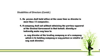 Disabilities of Directors (Contd.) 
3. No person shall hold office at the same time as director in 
more than 15 companies...