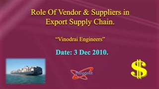 Role Of Vendor & Suppliers in Export Supply Chain. “Vinodrai Engineers” Date: 3 Dec 2010. 