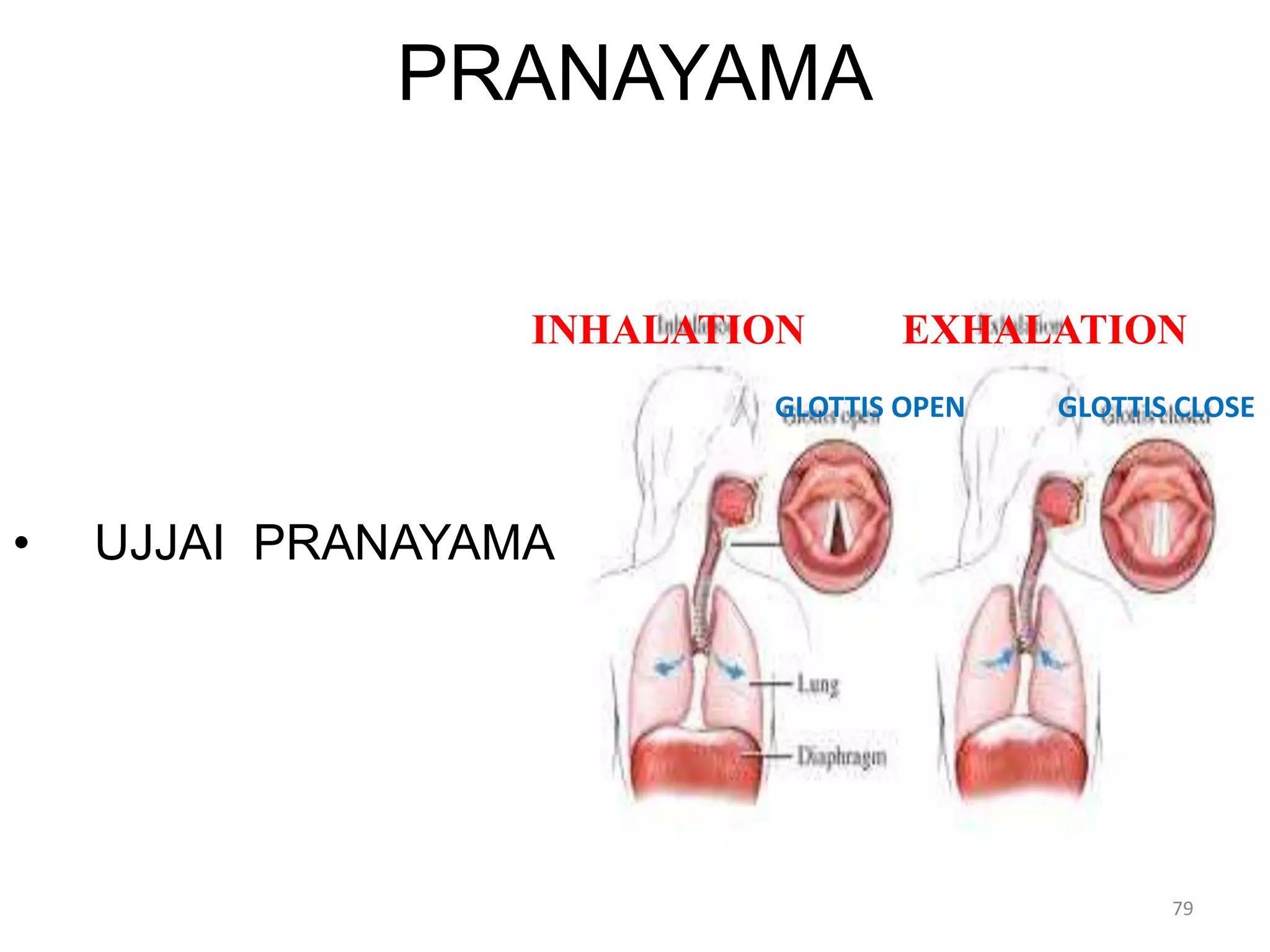 PRANAYAMA
• UJJAI PRANAYAMA
INHALATION EXHALATION
GLOTTIS OPEN GLOTTIS CLOSE
79
 