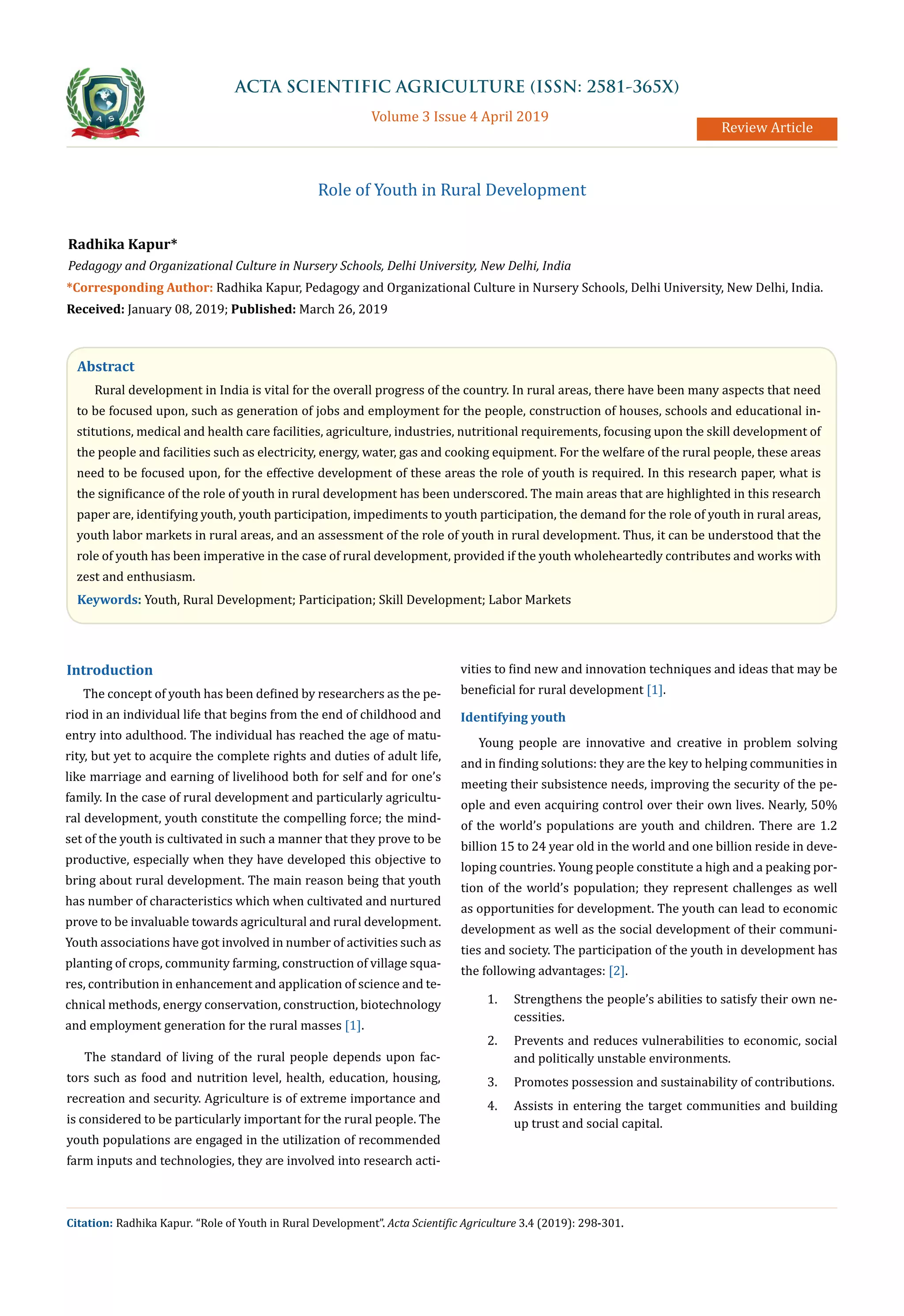 Role of youth in rural development | PDF