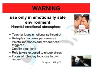 use only in emotionally safe environment Harmful emotional atmosphere Teacher loses emotional self-control Role-play becomes performance  Painful memories and experiences triggered  Conflict situations Role takers exposed to undue stress Focus of role-play too close to own issues Errington, 1997, p.39 WARNING 