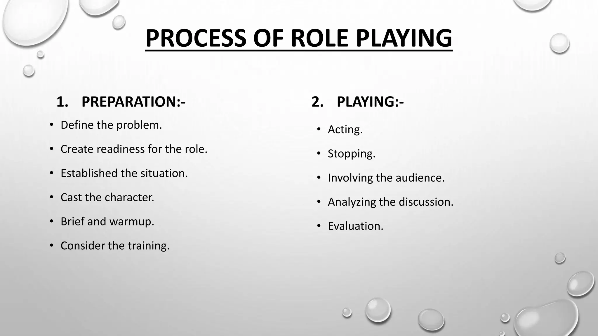 PROCESS OF ROLE PLAYING
1. PREPARATION:-
• Define the problem.
• Create readiness for the role.
• Established the situation.
• Cast the character.
• Brief and warmup.
• Consider the training.
2. PLAYING:-
• Acting.
• Stopping.
• Involving the audience.
• Analyzing the discussion.
• Evaluation.
 