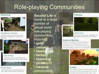 Role-playing Communities
      Second Life is
      home to a large
      number of
      virtual world
      role-playing
      communities,
      including:
      • goth,
      • vampire,
      • steampunk,
      • fantasy,
      • historical,
      • pirate and
      • nautical
      communities.
 