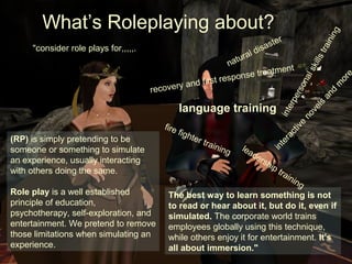 What’s Roleplaying about?




                                                                                                                        ng
                                                                             e     r




                                                                                                                     ini
                                                                          ast
     "consider role plays for,,,,,.                                    dis




                                                                                                                 tra
                                                                    al
                                                                 tur




                                                                                                            ills
                                                               na
                                                                             ment




                                                                                                         sk
                                                                    se treat
                                                           t respon




                                                                                                       e
                                                                                                     al
                                                   firs




                                                                                                    or
                                           ery and




                                                                                                  on


                                                                                                  m
                                      recov




                                                                                             ers



                                                                                                d
                                                                                             an
                                                                                         erp
                                             language training




                                                                                          ls
                                                                                       ve
                                                                                     int

                                                                                    no
                                         fire




                                                                                  e
                                                                               iv
                                              figh




                                                                                  ct
(RP) is simply pretending to be                   ter




                                                                                ra
                                                        trai




                                                                              te
someone or something to simulate                            nin    lea




                                                                            in
                                                               g       de
an experience, usually interacting                                       rsh
                                                                            ip
with others doing the same.                                                    t   rai
                                                                                         nin
                                                                                            g
Role play is a well established           The best way to learn something is not
principle of education,                   to read or hear about it, but do it, even if
psychotherapy, self-exploration, and      simulated. The corporate world trains
entertainment. We pretend to remove       employees globally using this technique,
those limitations when simulating an      while others enjoy it for entertainment. It's
experience.                               all about immersion."
 