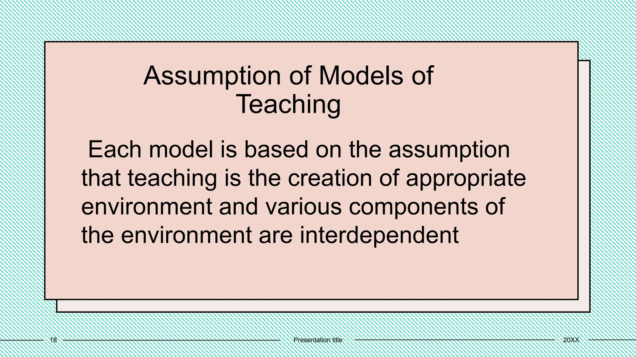 Assumption of Models of
Teaching
Each model is based on the assumption
that teaching is the creation of appropriate
environment and various components of
the environment are interdependent
20XX
Presentation title
18
 