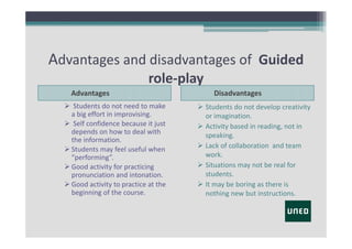 Advantages and disadvantages of  Guided
role‐play
Advantages
 Students do not need to make
a big effort in improvising.
 Self confidence because it just
depends on how to deal with
the information.
 Students may feel useful when
“performing”.     
 Good activity for practicing
pronunciation and intonation.
 Good activity to practice at the
beginning of the course.

Disadvantages
 Students do not develop creativity
or imagination.
 Activity based in reading, not in 
speaking.
 Lack of collaboration and team
work.
 Situations may not be real for
students.
 It may be boring as there is
nothing new but instructions.

 