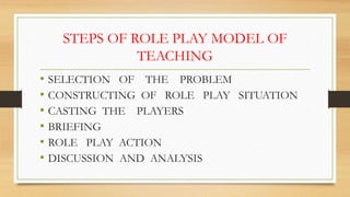 STEPS OF ROLE PLAY MODEL OF
TEACHING
• SELECTION OF THE PROBLEM
• CONSTRUCTING OF ROLE PLAY SITUATION
• CASTING THE PLAYERS
• BRIEFING
• ROLE PLAY ACTION
• DISCUSSION AND ANALYSIS
 