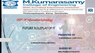 DEPT OF Information technology
FUTURE ROLEPLAY OF IT
PRESENTED BY
C.ARVINDHAN (16BIT3011)
K.MANOJKUMAR(16BIT3051)
GUIDED BY
MRS.PRABAVATHI(AP/IT)
4 January 2021IT RULES THE FUTURE WOR
1
 