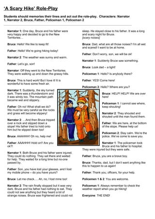 ‘Kitty & the Three Monsters’
A very tall, a very short, and a ‘regular’ sized student are needed to be the monsters! One girl
is needed to play ‘Kitty’ and another student to be the narrator.


NARRATOR: Once upon a time, there was a little girl named Kitty. She went for a walk in Tai Po Kau forest. Soon, she
saw a small wooden house. She knocked but no-one answered. At the table in the kitchen, there were three bowls of
porridge. She was hungry so she tasted the porridge in the first bowl.

KITTY: "This porridge is too hot!"

NARRATOR: So, she tasted the porridge from the second bowl.

KITTY: "This porridge is too cold!"

NARRATOR: So, she tasted the last bowl of porridge.

KITTY: "Ahhh, this porridge is just right!"

NARRATOR: Now she was feeling a little tired. So, she walked into the living room where she saw three chairs. Kitty sat
in the first chair to rest her feet.

KITTY: "This chair is too big!"

NARRATOR: So she sat in the second chair.

KITTY: "This chair is too small!"

NARRATOR: So she tried the last chair.

KITTY: "Ahhh, this chair is just right!"

NARRATOR: But then the chair broke! Oh no... Kitty was very tired by this time, so she went upstairs to the bedroom.
She lay down in the first bed, but it was too hard. Then she lay in the second bed, but it was too soft. Then she lay down
in the third bed and it was just right. Then she fell asleep.

NARRATOR: As she was sleeping, the three monsters came home!

FATHER MONSTER: "Someone's been eating my porridge!"

MOTHER MONSTER: "Someone's been eating my porridge!"

BABY MONSTER: "Someone's been eating my porridge and they ate it all up!"

FATHER MONSTER: "Someone's been sitting in my chair," growled the Papa monster.

MOTHER MONSTER: "Someone's been sitting in my chair," said the Mama monster.

BABY MONSTER: "Someone's been sitting in my chair and they've broken it all to pieces!"

NARRATOR: They decided to look around some more and when they got upstairs to the bedroom, Father Monster
growled...

FATHER MONSTER: "Someone's been sleeping in my bed"

MOTHER MONSTER: "Someone's been sleeping in my bed, too" said the Mama monster

BABY MONSTER: "Someone's been sleeping in my bed and she's still there!"

NARRATOR: Just then, Kitty woke up and saw the three monsters. She screamed, jumped up and ran out of the room.
She ran down the stairs, opened the door, and ran away into the forest. And she never returned to the home of the three
monsters.

EVERYONE: THE END!
 