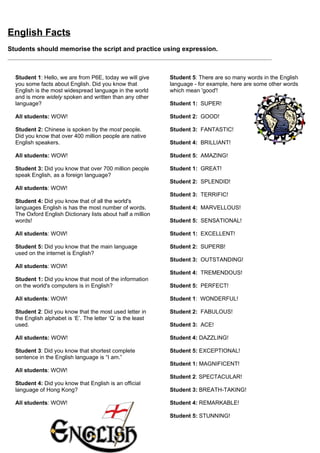 Poems

Student 1: My poem is called 'Why Oh Why'   Then we start wrestling again
Why do I have to clean my room
       when I would rather play?            Student 3: This poem is about a boy who lives
The crayons scattered on the floor          in Causeway Bay.
       are hardly in the way.               I live in the city in a street;
I almost never trip upon                    It is crowded with traffic and feet;
       my basketball or drums,              There are buses and motors and trams;
And I don't pay attention                   I wish there were meadows and lambs.
       to cake and cookie crumbs!
                                            The buildings all stand in a row,
Why do I have to clean my room?             There is smoke everywhere that I go.
        I think my room looks nice.         I don't like the noises I hear,
There's pizza in the corner,                I wish there were woods very near.
        but it's only half a slice.
I'm not at all worried about                There is only one thing that I love,
        the gravy on the chair,             And that is the sky far above,
My piles of model planes and trains,        There is plenty of room in the blue
        my stacks of underwear!             For castles of clouds and me, too!

I will admit some bits of clay              Student 4: This poem is about a girl who lives
         are sticking to the wall.          in a small village on Lantau Island.
I hardly even notice them                   My home is a house near a wood
         and do not mind at all.            I'd live a street if I could!
Under my bed there's just a wedge           The lanes are so quiet, oh, dear!
         of last weeks apple pie,           I do wish that someone lived near.
And yet I have to clean my room...
         I simply don't know why!           There is no one to play with at all,
                                            The trees are so high and so tall;
Student 2: My poem is called ‘Wrestling’    And I should be lonely for hours,
I like wrestling with Herbie because        Were it not for the birds and the flowers.
He's my best friend
We poke each other                          I wish that I lived in the city,
(but not very hard)                         To see all the trams going down,
And punch each other                        A twinkling street that is bright,
(but not very hard)                         With wonderful colours, at night!
And roll on the grass
And pretend to have fights                  Student 5: This poem is called ‘The Wind’
Just to make our sisters scream             Who has seen the wind?
                                            Neither I nor you:
But sometimes if he hits too much           But when the leaves hang trembling
And it hurts                                The wind is passing thro'
I get mad                                   Who has seen the wind?
And I punch him back                        Neither you nor I:
As hard as I can                            But when the trees bow down their heads
And then we are both crying                 The wind is passing by.
And going into our houses
And slamming our back doors on each other   Everyone together: Our last poem is called
                                            ‘Rainbow’
But the next day, if it's sunny             Rainbow, rainbow in the sky,
We come out into our yards                  I look at your and wonder why,
And grin at each other                      Your colours never run or smear,
And sometimes he gives me an apple          And how you so suddenly appear,
Or I give him a cookie and                  Beautiful, colourful and bright,
                                            Then slowly fade away from sight.
 