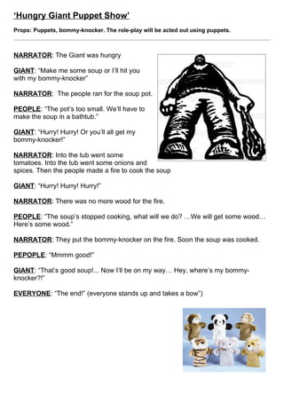 ‘The Bored Genie’
Students perform together, using lots of expression and some props.


Characters:
Genie, Aladdin, Princess, Aladdin’s mother,              Mother:     What’s going on down there?
Towngas man, Wizard, Genie’s wife, 2 children,
Narrator                                                 Genie:      They can’t turn on the light. They need
                                                                     someone to help them.
Narrator:     In Aladdin’s house, the genie was
              cleaning while Aladdin, his mother and     Narrator:   Aladdin’s mother and the Princess
              the princess sat reading newspapers.                   went to the stairs. The genie pushed
                                                                     them down as well.
Genie:        I’m getting tired of this! I’m just a
              servant in this house!                     Genie:      Great! Now I’ll just lock the door and
                                                                     go! Bye bye!
Aladdin:      Genie! Bring me a drink of water!
                                                         Narrator:   But then someone appeared in front of
Mother:       Genie! I’m hungry! Bring me some                       the genie! This time it really was the
              sandwiches!                                            evil wizard!

Princess:     (Looking at the floor in disgust) This     Wizard:     Ha Ha! Genie! So you thought you
              floor is dirty! Clean it, Genie!                       could escape! You can never get
                                                                     away from me! Come back to the lamp!
Mother:       Hey, where are my sandwiches? Aiya!
              I’m going to die of hunger!                Genie:      Oh I’m sorry, but I can’t do that!

Genie:        (quietly)   I wish!                        Wizard:     What?! Why not?

Mother:       What did you say?                          Genie:      Because that lamp is broken! But I
                                                                     know someone who can fix it! The
Genie:        Nothing!                                               Towngas man!

Narrator:     There was a knock on the door. A           Wizard:     Where is he?
              person was outside.
                                                         Genie:      He’s just down here, see?
Towngas:      Towngas here! I’ve come to read your
              meter.                                     Narrator:   He took the wizard to the stairs and
                                                                     pushed him down.
Aladdin:      What – now? Oh all right then, come
              in.                                        Genie:      Ha Ha! Free at last!

Genie:        Oh no! That’s not the Towngas man!         Narrator:   Then there was a knock at the door
              It’s my old master the evil wizard,                    again.
              come to catch me again. I must not let
              him see me! (goes to hide in the cellar)   Genie:      Oh no! What is it this time?

Towngas:      Where’s the meter?                         Narrator:   He opens the door. Outside there is a
                                                                     woman and three children
Princess:     Downstairs in the cellar.

Narrator:     The Towngas person went over to the
              stairs and looked down. Suddenly, the
              genie pushed him down the stairs.

Princess:     Genie, is the gas man ok?

Genie:        I think he can’t find the meter! He
              needs someone to help him!

Aladdin:      Oh all right.

Narrator:     He went to the stairs but the genie
              pushed him down, too.
 