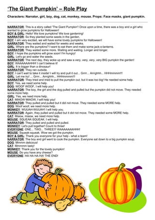‘The Hungry Caterpillar’
Students perform together, using lots of expression and some props.


Characters:
Students 1-5, Caterpillar.

Student 1: In the light of the moon a little egg lay on a
leaf.                                                        Student 4: One bunch of bananas,

Student 2: One Sunday morning the warm sun came              Student 1: One big cake,
up...
                                                             Student 4: And one fat watermelon.
Student 3: and POP, out of the egg came a tiny, very
hungry caterpillar.                                          Caterpillar: I’m still…. Oh…. Oh dear!

Caterpillar: Hello! I am a very hungry caterpillar, and I    Student 5: That night he had a stomach ache!
am feeling HUNGRY!
                                                             Student 3: The next day was Sunday again.
Student 1: He started looking for some food.
                                                             Student 2: The caterpillar ate through one nice leaf, and
Student 5: On Monday he ate one apple, but he was still      after that he felt better.
hungry.
                                                             Caterpillar: Ahhh! That’s better!
Caterpillar: I’m still hungry!
                                                             Student 5: Now he wasn't hungry anymore--and he
Student 4: On Tuesday he ate two pears, but he was still     wasn't a little caterpillar anymore.
hungry.
                                                             Student 3: He was a big fat caterpillar.
Caterpillar: I’m still hungry!
                                                             Student 1: He built a small house,
Student 2: On Wednesday he ate three plums, but he
was still hungry.                                            Student 2: Called a cocoon,

Caterpillar: I’m still hungry!                               Student 1: Around himself.

Student 3: On Thursday he ate four strawberries, but he      Caterpillar: Bye bye everyone!
was still hungry.
                                                             Student 3: He stayed inside for more than two weeks.
Caterpillar: I’m still hungry!
                                                             Student 5: Then he nibbled a hole in the cocoon, pushed
Student 5: On Friday he ate five oranges, but he was still   his way out and...
hungry.
                                                             Student 4: He became a beautiful butterfly!
Caterpillar: I’m still hungry!
                                                             Caterpillar: I’m a hungry butterfly and I’m feeling hungry!
Student 1: On Saturday he ate through one piece of
chocolate cake,

Student 3. One ice-cream cone,

Student 4: One pickle,

Student 2: One slice of cheese,

Student 5: One big sausage,

Student 3: One lollipop,

Student 2: One piece of cherry pie,
 