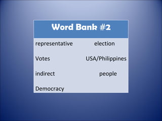 Word Bank #2 representative  election Votes  USA/Philippines indirect  people Democracy 