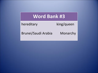 Word Bank #3 hereditary  king/queen Brunei/Saudi Arabia  Monarchy  