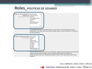 Garantizamos los permisos propios de ese rol en el contexto actual y contextos de rango inferior (Sistema – Sitio/ Categorías cursos/ Cursos / Bloque /actividad)Roles_ROLES GLOBALES