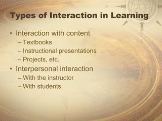 Types of Interaction in Learning ,[object Object],[object Object],[object Object],[object Object],[object Object],[object Object],[object Object]