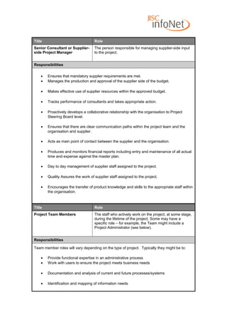 Title                               Role
Senior Consultant or Supplier-      The person responsible for managing supplier-side input
side Project Manager                to the project.


Responsibilities

    •   Ensures that mandatory supplier requirements are met.
    •   Manages the production and approval of the supplier side of the budget.

    •   Makes effective use of supplier resources within the approved budget.

    •   Tracks performance of consultants and takes appropriate action.

    •   Proactively develops a collaborative relationship with the organisation to Project
        Steering Board level.

    •   Ensures that there are clear communication paths within the project team and the
        organisation and supplier.

    •   Acts as main point of contact between the supplier and the organisation.

    •   Produces and monitors financial reports including entry and maintenance of all actual
        time and expense against the master plan.

    •   Day to day management of supplier staff assigned to the project.

    •   Quality Assures the work of supplier staff assigned to the project.

    •   Encourages the transfer of product knowledge and skills to the appropriate staff within
        the organisation.

    .
Title                               Role
Project Team Members                The staff who actively work on the project, at some stage,
                                    during the lifetime of the project. Some may have a
                                    specific role – for example, the Team might include a
                                    Project Administrator (see below).


Responsibilities

Team member roles will vary depending on the type of project. Typically they might be to:

    •   Provide functional expertise in an administrative process
    •   Work with users to ensure the project meets business needs

    •   Documentation and analysis of current and future processes/systems

    •   Identification and mapping of information needs
 
