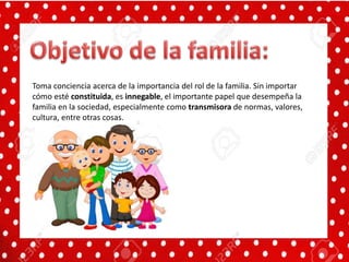 Toma conciencia acerca de la importancia del rol de la familia. Sin importar
cómo esté constituida, es innegable, el importante papel que desempeña la
familia en la sociedad, especialmente como transmisora de normas, valores,
cultura, entre otras cosas.
 