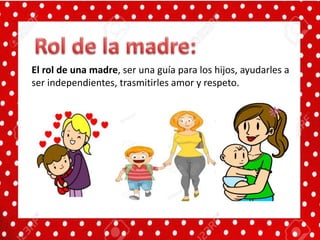 El rol de una madre, ser una guía para los hijos, ayudarles a
ser independientes, trasmitirles amor y respeto.
 