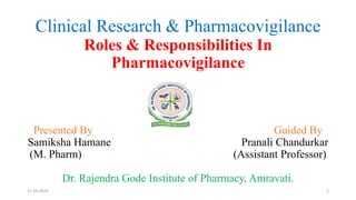 Clinical Research & Pharmacovigilance
Roles & Responsibilities In
Pharmacovigilance
Presented By Guided By
Samiksha Hamane Pranali Chandurkar
(M. Pharm) (Assistant Professor)
Dr. Rajendra Gode Institute of Pharmacy, Amravati.
1
21-04-2024
 
