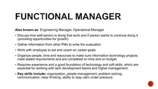 Also known as: Engineering Manager, Operational Manager
 Discuss how well person is doing that work and if person wants to continue doing it
(providing opportunities for growth)
 Gather information from other PMs to write the evaluation
 Work with employee to set and coach on career goals
 Organize people, time and resources to make sure information technology projects
meet stated requirements and are completed on time and on budget.
 Requires experience and a good foundation of technology and soft skills, which are
essential for working with tech development teams and higher management.
 Key skills include: organization, people management, problem solving,
communication, clear thinking, ability to stay calm under pressure.
 