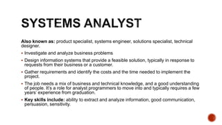 Also known as: product specialist, systems engineer, solutions specialist, technical
designer.
 Investigate and analyze business problems
 Design information systems that provide a feasible solution, typically in response to
requests from their business or a customer.
 Gather requirements and identify the costs and the time needed to implement the
project.
 The job needs a mix of business and technical knowledge, and a good understanding
of people. It’s a role for analyst programmers to move into and typically requires a few
years’ experience from graduation.
 Key skills include: ability to extract and analyze information, good communication,
persuasion, sensitivity.
 