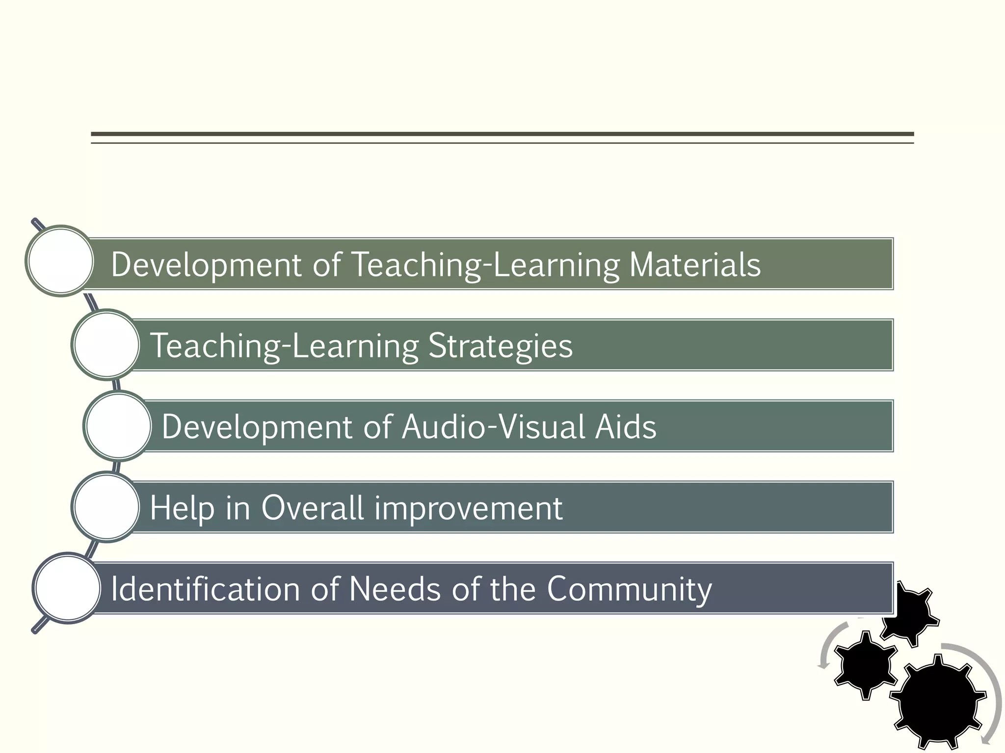 Development of Teaching-Learning Materials
Teaching-Learning Strategies
Development of Audio-Visual Aids
Help in Overall improvement
Identification of Needs of the Community
 