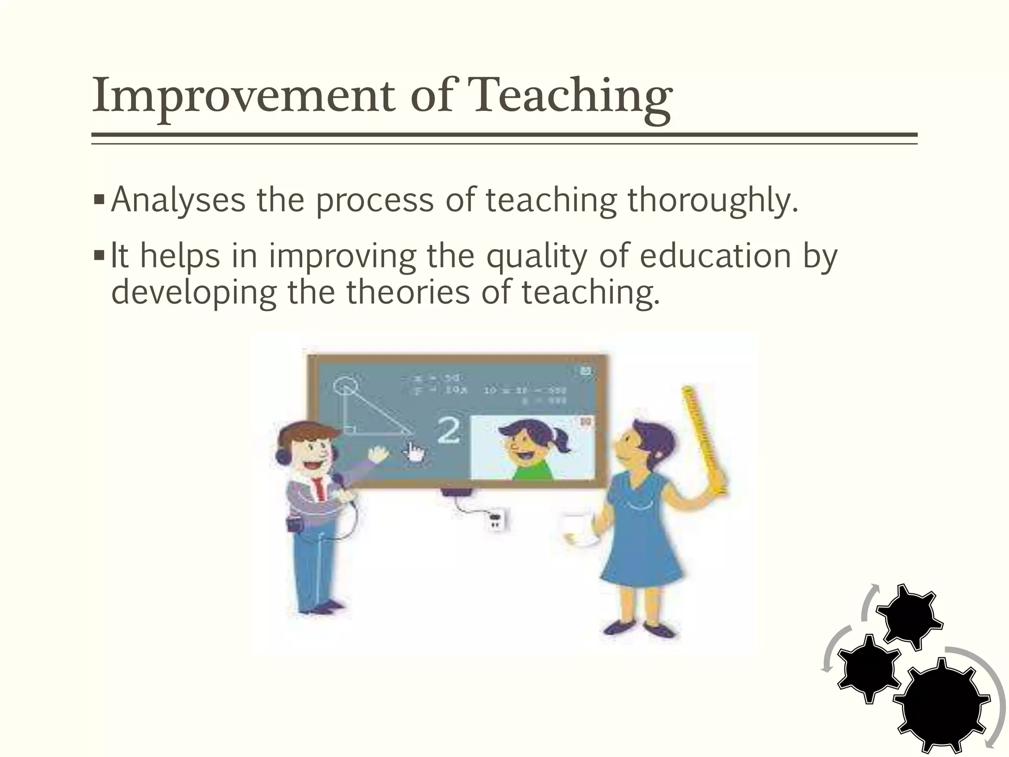 Improvement of Teaching
Analyses the process of teaching thoroughly.
It helps in improving the quality of education by
developing the theories of teaching.
 