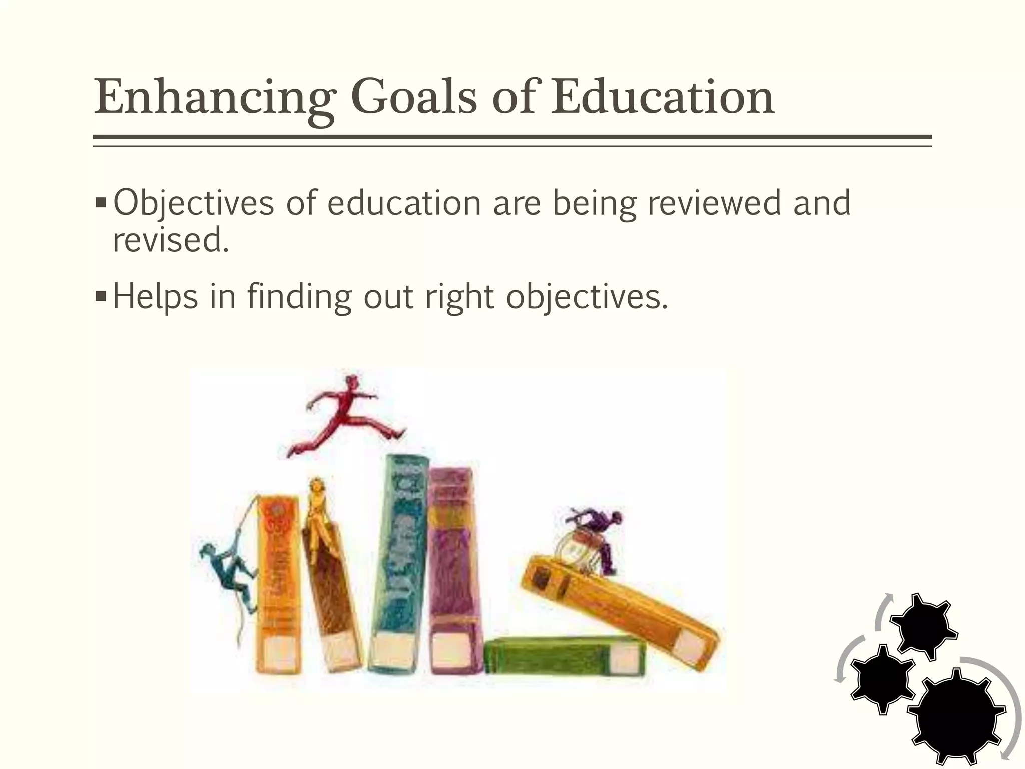 Enhancing Goals of Education
Objectives of education are being reviewed and
revised.
Helps in finding out right objectives.
 