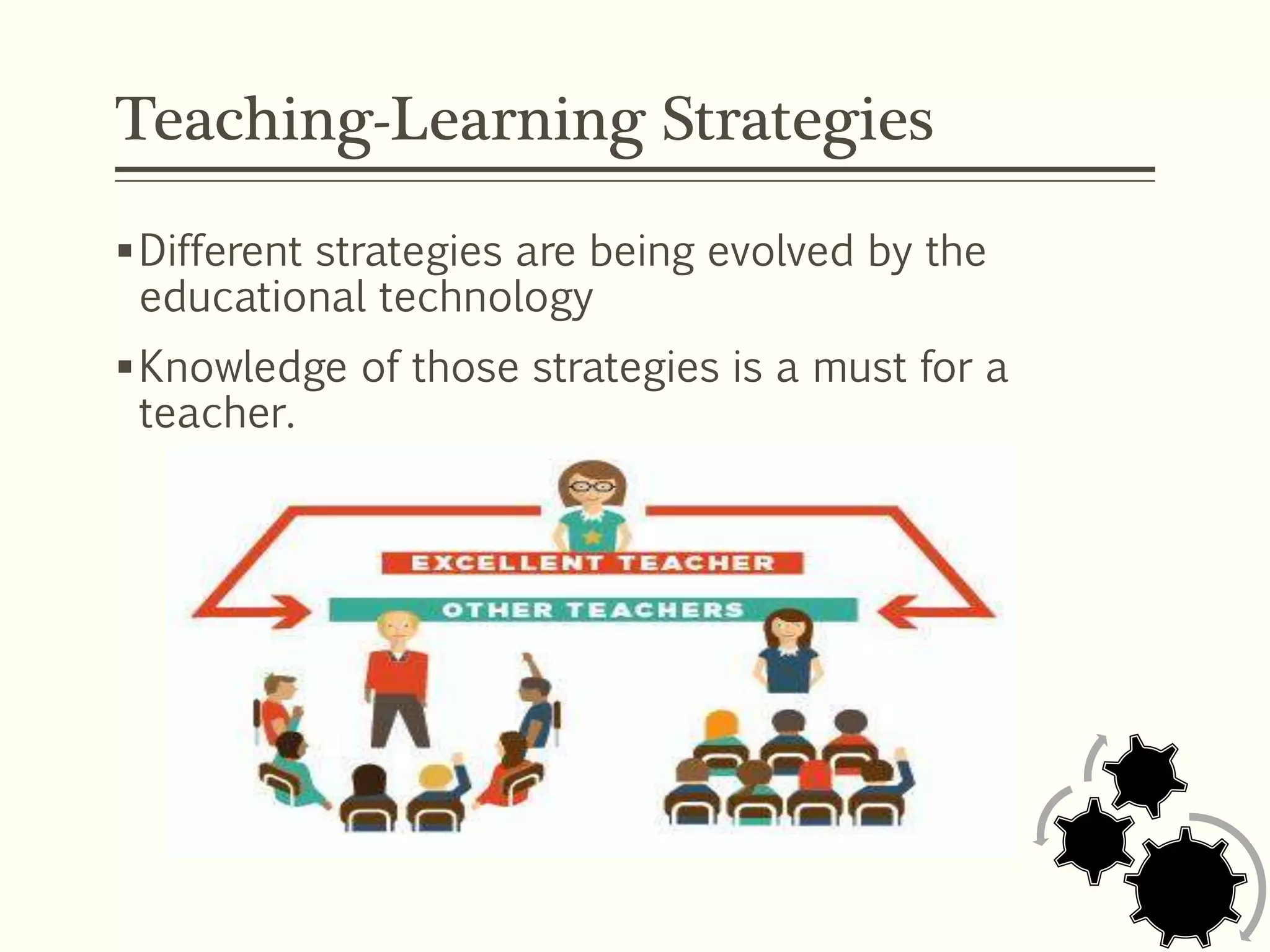 Teaching-Learning Strategies
Different strategies are being evolved by the
educational technology
Knowledge of those strategies is a must for a
teacher.
 