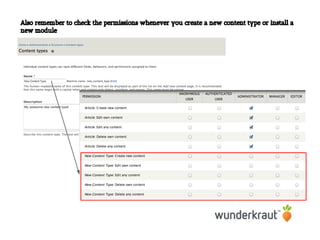 Also remember to check the permissions whenever you create a new content type or install a
new module
 