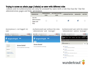 Trying to access an admin page (/admin) as users with different roles
/admin and its subdirectories can only be accessed by users with a role that has the "Use the
administration pages and help" permission.
Anonymous (= not logged-in)
user:
Authenticated user without the roles
"administrator" and "manager":
Authenticated user with the role(s)
"administrator" and/or "manager":
 