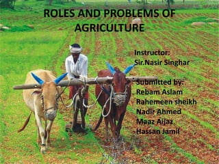 ROLES AND PROBLEMS OF
AGRICULTURE
Instructor:
Sir.Nasir Singhar
Submitted by:
Rebam Aslam
Rahemeen sheikh
Nadir Ahmed
Maaz Aijaz
Hassan Jamil
 