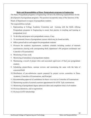 18
Geethanjali College of Engineering and Technology Roles and Responsibilities
Roles and Responsibilities of Dean- Postgraduate programs in Engineering
The Dean, Postgraduate programs in Engineering will have the following responsibilities for the
development of postgraduate programs. This position incorporates many of the functions of the
Heads of Department in respect of postgraduate students.
The responsibilities include:
1. Representing at College Academic Committee and Liaising with the HoDs offering
Postgraduate programs in Engineering to ensure best practice in teaching and learning at
postgraduate level.
2. To develop and propose new postgraduate courses, if any
3. To recommend closure of postgraduate courses which may be found unviable
4. Offers general advice and support for postgraduate students
5. Oversees the academic requirements, academic schedule including conduct of internals
examinations (liaising with corresponding HoD, department’s PG program coordinator and
Controller of Examinations)
6. Monitoring of class work
7. Monitoring of attendance of postgraduate students
8. Maintaining a record of project titles and associated supervisors of final year postgraduate
students
9. Scheduling project/thesis, seminar reviews and monitoring the same with the help of
concerned HoD
10. Distribution of pre-submission reports prepared by project review committee to Dean,
Academic, Controller of Examinations, and Principal
11. Recommending approval of candidature for thesis viva-voce to Controller of Examinations
12. Maintaining records of external examiner appointments for all M. Tech examinations
13. Monitoring of postgraduate degree admission dates and completion times of all students
14. Oversees detentions, and re-registrations
15. Oversees GATE Scholarships
 