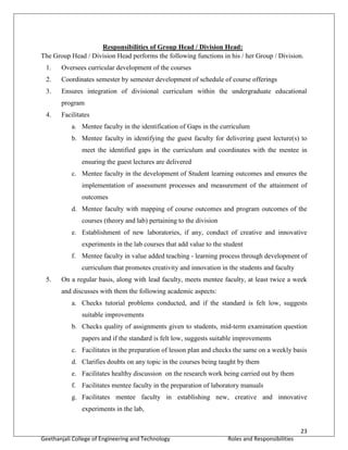 23
Geethanjali College of Engineering and Technology Roles and Responsibilities
Responsibilities of Group Head / Division Head:
The Group Head / Division Head performs the following functions in his / her Group / Division.
1. Oversees curricular development of the courses
2. Coordinates semester by semester development of schedule of course offerings
3. Ensures integration of divisional curriculum within the undergraduate educational
program
4. Facilitates
a. Mentee faculty in the identification of Gaps in the curriculum
b. Mentee faculty in identifying the guest faculty for delivering guest lecture(s) to
meet the identified gaps in the curriculum and coordinates with the mentee in
ensuring the guest lectures are delivered
c. Mentee faculty in the development of Student learning outcomes and ensures the
implementation of assessment processes and measurement of the attainment of
outcomes
d. Mentee faculty with mapping of course outcomes and program outcomes of the
courses (theory and lab) pertaining to the division
e. Establishment of new laboratories, if any, conduct of creative and innovative
experiments in the lab courses that add value to the student
f. Mentee faculty in value added teaching - learning process through development of
curriculum that promotes creativity and innovation in the students and faculty
5. On a regular basis, along with lead faculty, meets mentee faculty, at least twice a week
and discusses with them the following academic aspects:
a. Checks tutorial problems conducted, and if the standard is felt low, suggests
suitable improvements
b. Checks quality of assignments given to students, mid-term examination question
papers and if the standard is felt low, suggests suitable improvements
c. Facilitates in the preparation of lesson plan and checks the same on a weekly basis
d. Clarifies doubts on any topic in the courses being taught by them
e. Facilitates healthy discussion on the research work being carried out by them
f. Facilitates mentee faculty in the preparation of laboratory manuals
g. Facilitates mentee faculty in establishing new, creative and innovative
experiments in the lab,
 