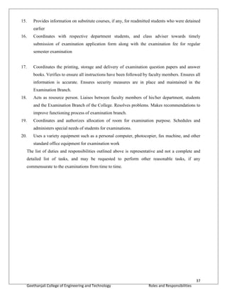 37
Geethanjali College of Engineering and Technology Roles and Responsibilities
15. Provides information on substitute courses, if any, for readmitted students who were detained
earlier
16. Coordinates with respective department students, and class adviser towards timely
submission of examination application form along with the examination fee for regular
semester examination
17. Coordinates the printing, storage and delivery of examination question papers and answer
books. Verifies to ensure all instructions have been followed by faculty members. Ensures all
information is accurate. Ensures security measures are in place and maintained in the
Examination Branch.
18. Acts as resource person. Liaises between faculty members of his/her department, students
and the Examination Branch of the College. Resolves problems. Makes recommendations to
improve functioning process of examination branch.
19. Coordinates and authorizes allocation of room for examination purpose. Schedules and
administers special needs of students for examinations.
20. Uses a variety equipment such as a personal computer, photocopier, fax machine, and other
standard office equipment for examination work
The list of duties and responsibilities outlined above is representative and not a complete and
detailed list of tasks, and may be requested to perform other reasonable tasks, if any
commensurate to the examinations from time to time.
 