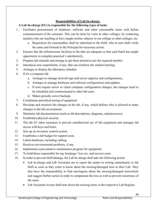 40
Geethanjali College of Engineering and Technology Roles and Responsibilities
Responsibilities of Lab In-charge:
A Lab In-charge (I/C) is responsible for the following types of tasks:
1. Facilitates procurement of hardware, software and other consumable items well before
commencement of the semester. This can be done by visits to other colleges, by contacting
teachers who are teaching or have taught similar subjects in our college or other colleges, etc.
a. Requisition for consumables shall be submitted to the HoD, who in turn shall verify
the same and forward to the Principal for necessary action.
2. Ensures that the infrastructure facilities in the labs are adequate so that each batch has ample
opportunity to complete practical’s satisfactorily.
3. Prepares lab manuals and arrange to get them printed as per the required number.
4. Introduces new experiments, if any, that can reinforce the student learning.
5. Arranges to display the laboratory schedule
6. If it's a computer lab
a. Arranges to manage network taps and server capacity and configurations,.
b. Arranges to manage hardware and software configurations and updates.
c. If tests require server or client computer configuration changes, the changes need to
be scheduled and communicated to other lab users.
d. Makes periodic server backups
7. Coordinates periodical testing of equipment
8. Develops and monitors the changes in the lab, if any, which defines who is allowed to make
changes to the lab environment.
9. Maintains lab documentation (such as lab descriptions, diagrams, and processes).
10. Establishes physical security.
11. The lab I/C takes measures to prevent unauthorized use of lab equipment and manages lab
access with keys and locks.
12. Sets up an inventory control system.
13. Establishes a lab budget for support costs.
14. Labels hardware, including cabling.
15. Resolves environmental problems, if any.
16. Implements a preventative maintenance program for equipment.
17. To hold those responsible for any breakage / loss etc. and recover costs.
18. In order to prevent theft/damage, the Lab In-charge shall take the following action:
 Lab In-charge and Lab Assistants are to report the matter in writing immediately to the
HoD as soon as they come to know about the missing/damaged item in their Lab. They
also have the responsibility to find out/enquire about the missing/damaged item/article
and suggest further action in order to compensate the loss as well as prevent recurrence of
the same.
 Lab Assistants in turn shall note down the missing items in the respective Lab Register.
 