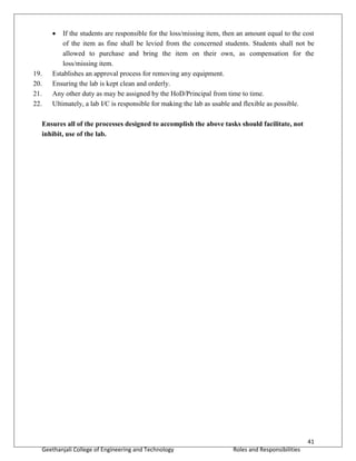 41
Geethanjali College of Engineering and Technology Roles and Responsibilities
 If the students are responsible for the loss/missing item, then an amount equal to the cost
of the item as fine shall be levied from the concerned students. Students shall not be
allowed to purchase and bring the item on their own, as compensation for the
loss/missing item.
19. Establishes an approval process for removing any equipment.
20. Ensuring the lab is kept clean and orderly.
21. Any other duty as may be assigned by the HoD/Principal from time to time.
22. Ultimately, a lab I/C is responsible for making the lab as usable and flexible as possible.
Ensures all of the processes designed to accomplish the above tasks should facilitate, not
inhibit, use of the lab.
 