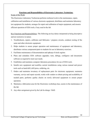 42
Geethanjali College of Engineering and Technology Roles and Responsibilities
Functions and Responsibilities of Electronics Laboratory Technician:
Scope of the Work:
The Electronics Laboratory Technician performs technical work in the maintenance, repair,
calibration and installation of various electronic equipment; distributes and maintains laboratory
test equipment for students; arranges for repair and calibration of major equipment, and ensures
efficient operation of EDA tools, if any used in the lab.
Key Functions and Responsibilities: The following are key duties interpreted as being descriptive
and not restrictive in nature.
1. Troubleshoots, repairs, calibrates and fabricates / prepares circuits, conducts testing of the
same and other electronic equipment.
2. Helps students to assure proper operation and maintenance of equipment and laboratory;
distributes various components/parts to students for use in laboratory exercises.
3. Facilitates maintenance of documentation and upkeep of stock register.
4. Plans and schedules EDA software upgrades; tests, debugs, configures and documents
software as required to meet user needs.
5. Establishes and maintains computer laboratory procedures for use of EDA tools.
6. Installs new equipment and modifies current installations using various manual and power
tools such as hand drill, drill press, soldering, etc.
7. Orders and maintains inventory of replacement parts for electronic equipment; maintains
warranty, service and repair records; works with vendors to obtain pricing and availability of
needed parts; performs quality checks on newly delivered equipment to ensure proper
operation.
8. Maintains a fabrication area for the Electronics workshop class; assists in the maintenance of
the lab.
9. Any other assignment given by the Lab In-charge / HoD.
 