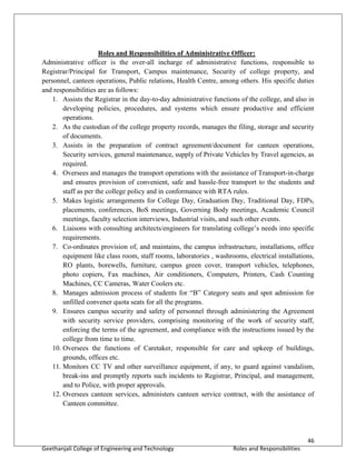 46
Geethanjali College of Engineering and Technology Roles and Responsibilities
Roles and Responsibilities of Administrative Officer:
Administrative officer is the over-all incharge of administrative functions, responsible to
Registrar/Principal for Transport, Campus maintenance, Security of college property, and
personnel, canteen operations, Public relations, Health Centre, among others. His specific duties
and responsibilities are as follows:
1. Assists the Registrar in the day-to-day administrative functions of the college, and also in
developing policies, procedures, and systems which ensure productive and efficient
operations.
2. As the custodian of the college property records, manages the filing, storage and security
of documents.
3. Assists in the preparation of contract agreement/document for canteen operations,
Security services, general maintenance, supply of Private Vehicles by Travel agencies, as
required.
4. Oversees and manages the transport operations with the assistance of Transport-in-charge
and ensures provision of convenient, safe and hassle-free transport to the students and
staff as per the college policy and in conformance with RTA rules.
5. Makes logistic arrangements for College Day, Graduation Day, Traditional Day, FDPs,
placements, conferences, BoS meetings, Governing Body meetings, Academic Council
meetings, faculty selection interviews, Industrial visits, and such other events.
6. Liaisons with consulting architects/engineers for translating college’s needs into specific
requirements.
7. Co-ordinates provision of, and maintains, the campus infrastructure, installations, office
equipment like class room, staff rooms, laboratories , washrooms, electrical installations,
RO plants, borewells, furniture, campus green cover, transport vehicles, telephones,
photo copiers, Fax machines, Air conditioners, Computers, Printers, Cash Counting
Machines, CC Cameras, Water Coolers etc.
8. Manages admission process of students for “B” Category seats and spot admission for
unfilled convener quota seats for all the programs.
9. Ensures campus security and safety of personnel through administering the Agreement
with security service providers, comprising monitoring of the work of security staff,
enforcing the terms of the agreement, and compliance with the instructions issued by the
college from time to time.
10. Oversees the functions of Caretaker, responsible for care and upkeep of buildings,
grounds, offices etc.
11. Monitors CC TV and other surveillance equipment, if any, to guard against vandalism,
break-ins and promptly reports such incidents to Registrar, Principal, and management,
and to Police, with proper approvals.
12. Oversees canteen services, administers canteen service contract, with the assistance of
Canteen committee.
 