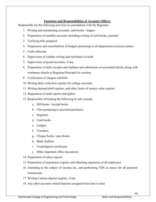 49
Geethanjali College of Engineering and Technology Roles and Responsibilities
Functions and Responsibilities of Accounts Officer:
Responsible for the following activities in consultation with the Registrar:
1. Writing and maintaining accounts, cash books / ledgers
2. Preparation of monthly accounts including writing of cash books, journals
3. Verifying bills prepared
4. Preparation and consolidation of budgets pertaining to all departments/sections/centers
5. Cash collection
6. Supervision of challan writing and remittance to bank
7. Supervision of postal accounts, if any
8. Preparation of daily receipts and challans and submission of associated details along with
remittance details to Registrar/Principal for scrutiny
9. Verification of cheques and bills
10. Writing daily collection register for college accounts.
11. Writing demand draft register, and other forms of money value register
12. Preparation of audit reports and replies
13. Responsible of keeping the following in safe custody
a. Bill books / receipt books
b. Files pertaining to accounts/purchases
c. Registers
d. Cash books
e. Ledgers
f. Vouchers
g. Cheque books / pass books
h. Bank challans
i. Fixed deposit certificates
j. Other important office documents
14. Preparation of salary reports
15. Preparation of acquittance register and obtaining signatures of all employees
16. Attending to the subject of income tax, and performing TDS at source for all payment
transactions
17. Writing Caution deposit register, if any
18. Any other accounts related function assigned from time to time
 