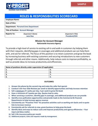 1
ROLES & RESPONSIBILITIES SCORECARD
Employee Name:
Date of Hire:
Department: Personal Lines Department
Title of Position: Account Manager
Reports To: (Supervisor’s Name) (Supervisor’s Title)
Jane Doe President/CEO
Mission for Account Manager
Nationwide Insurance Agency
To provide a high-level of service to existing call-in and walk-in customers by helping them
with their requests, identifying gaps in coverages and additional products we can help them
with, and ask for referrals. The focus of this position is to retain customers and grow the book
by increasing business with existing customers and securing introductions to new customers
through referrals and other means. Additionally, help reduce costs to improve profitability, as
well as provide ideas to increase productivity and efficiencies.
Name of positions directly under supervision (if applicable):
1. 5.
2. 6.
3. 7.
4. 8.
OUTCOMES
1. Answer the phone by the second ring and make the caller feel special.
2. Conduct 5 On Your Side Reviews per week to identify opportunities and help increase retention
3. Sell a minimum of 1 policy per day, 5 per week to grow the book
4. Have a minimum of 5 quotes per day. Quotes lead to sales.
5. When servicing a customer, identify gaps in coverage, and additional products we can provide
6. Identify cross-pollination opportunities and provide leads to the Commercial & Financial
Departments to help increase agency revenue
7. Consistently use “Proactive Time” for proactive activities such as working win-backs and re-quote
lists to increase revenue
8. Consistently ask for referrals to new, green business to help grow the book
9. Identify ideas and ways to reduce costs and improve productivity and agency efficiencies – Your
input and ideas matter.
10. Sell 1 life insurance policy per month
11. Additional projects, tasks and requests made by management.
SAMPLE
 