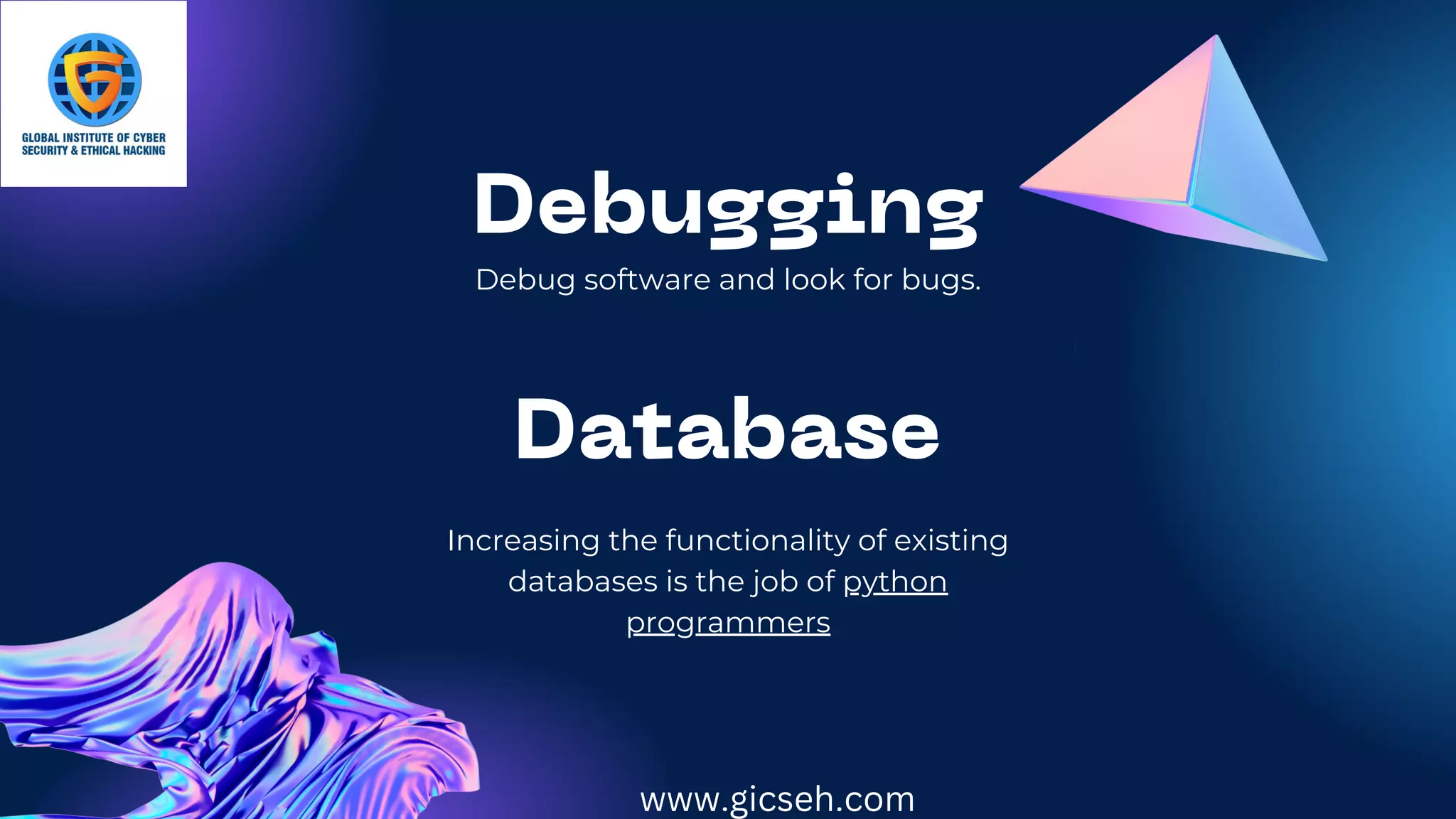 Debugging
Debug software and look for bugs.
Increasing the functionality of existing
databases is the job of python
programmers
Database
www.gicseh.com
