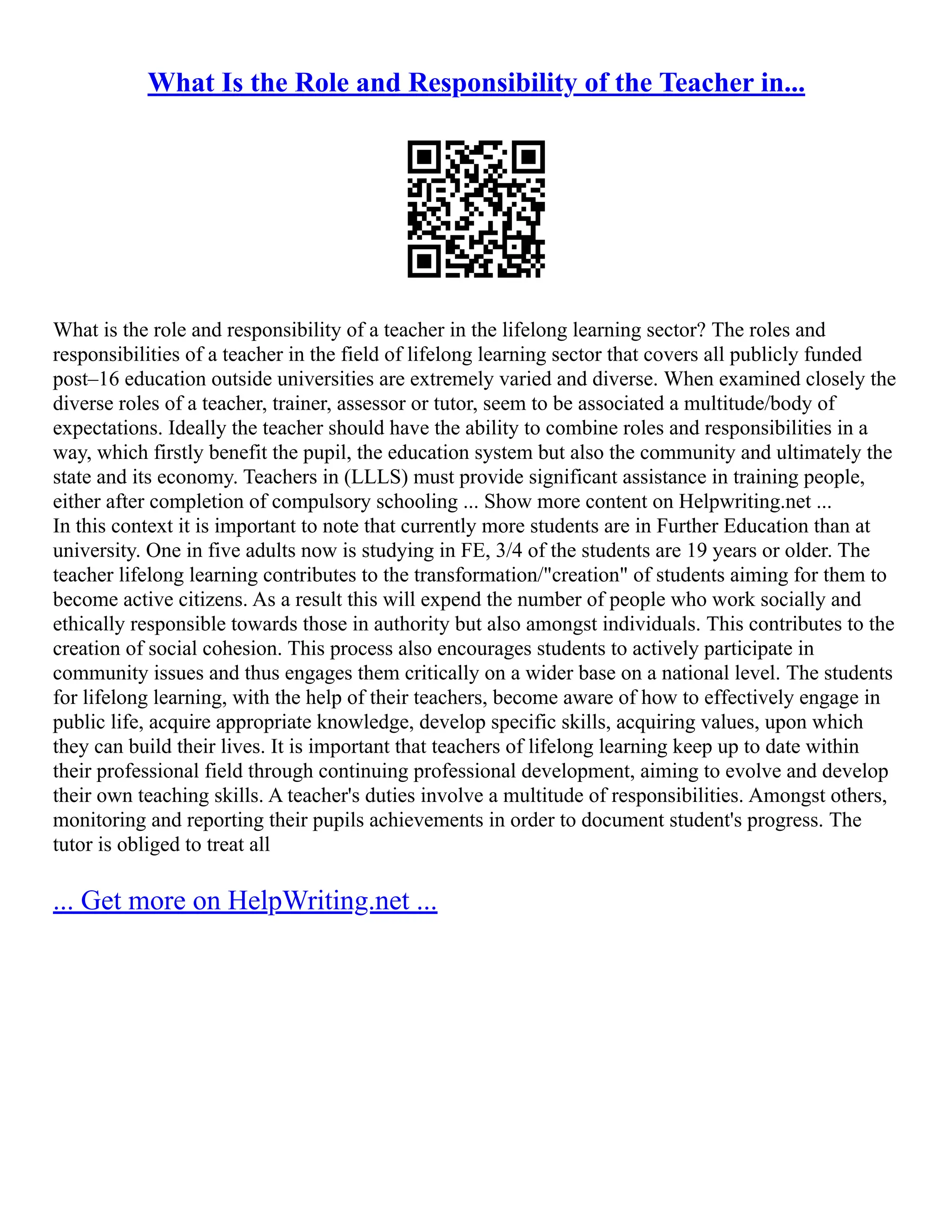 Roles And Responsibilities Of A Teacher | PDF