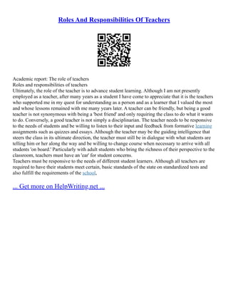 Roles And Responsibilities Of A Teacher | PDF