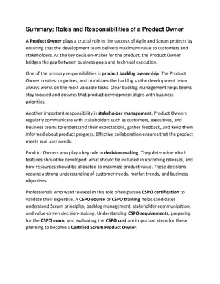 Roles and Responsibilities of a Product Owner | CSPO Training | PDF