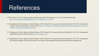 References
O*NET OnLine. (2011). Training and Development Specialists (O*Net Report No. 13-1151.00). Retrieved from
http://www.onetonline.org/link/summary/13-1151.00?redir=13-1073.00
U.S. Department of Labor, Bureau of Labor Statistics. (2012, March 29). Occupational Outlook Handbook, 2012-2013: Network and
computer systems administrators. Retrieved from http://www.bls.gov/ooh/Computer-and-Information-Technology/Network-andcomputer-systems-administrators.htm#tab-2
U.S. Department of Labor, Bureau of Labor Statistics. (2012, March 29). Occupational Outlook Handbook, 2012-2013: Occupational
employment statistics. Retrieved from http://www.bls.gov/oes/

U.S. Department of Labor, Bureau of Labor Statistics. (2012, March 29). Occupational Outlook Handbook, 2012-2013: Training and
development managers. Retrieved from http://www.bls.gov/ooh/management/training-and-development-managers.htm

 