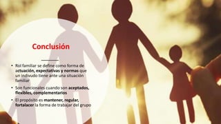 Conclusión
• Rol familiar se define como forma de
actuación, expectativas y normas que
un indivudo tiene ante una situación
familiar
• Son funcionales cuando son aceptados,
flexibles, complementarios
• El propósito es mantener, regular,
fortalacer la forma de trabajar del grupo
 