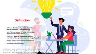 Definición
• Hoffman: “Conductas esperadas que se dan una
relacion igualitaria y complementaria…”
• Satir: “Formas sociales de actuar con otros en
diferentes situaciones sociales…”
• Friedman: “Grupo de roles interactuantes e
interdependintes, que se encuentran en equilibrio…”
• Se rigen por sus capacidades y competencias
• Sociedades industrializadas
• Membrillo Luna A. Familia. 1st ed. México: Editores de Textos Mexicanos; 2008. pp 191 – 210
• Compendio de Medicina Familiar. Curso de Especialización en Medicina Familiar para Medicos Generales. 1st ed. Tuxtla Gutierrez, Chiapas: IMSS - UNAM; 2005. pp 32-34
• Huerta González J. Medicina familiar. 1st ed. México, D.F.: Editorial Alfil, S.A. de C.V.; 2005. pp 16 - 18
 