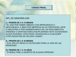 CÓDIGO PENAL ART. 357 SANCIONA CON: PRISIÓN DE 3 A 15 MESES: “ EL QUE POR HABER OBRADO CON IMPRUDENCIA O  NEGLIGENCIA, O BIEN POR IMPERICIA EN SU PROFESIÓN, ARTE O INDUSTRIA O POR INOBSERVANCIA DE LOS REGLAMENTOS, ÓRDENES O DISPOSICIONES DISCIPLINARIAS HAYA OCASIONADO ALGÚN INCENDIO, EXPLOSIÓN, INUNDACIÓN O CUALQUIER  OTRO DESASTRE DE PELIGRO COMÚN” PRISIÓN DE 3 A 30 MESES “  SI EL DELITO RESULTA UN PELIGRO PARA LA VIDA DE LAS PERSONAS” PRISIÓN DE 1 A 10 AÑOS “  SI RESULTARE LA MUERTE DE ALGUNA PERSONA” 